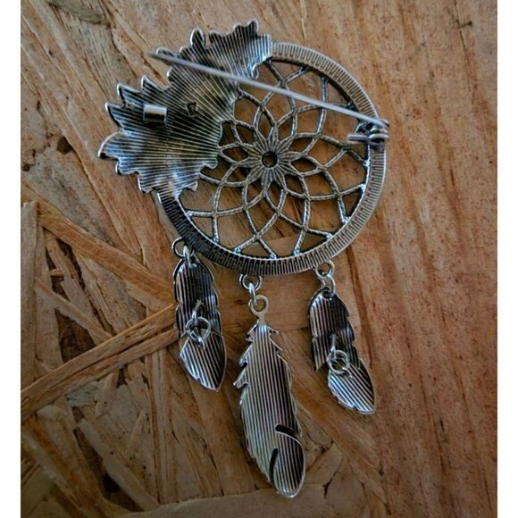 Large Dream Catcher Jeweled Brooch with Dangling Feathers 4 - Picture 8 of 8